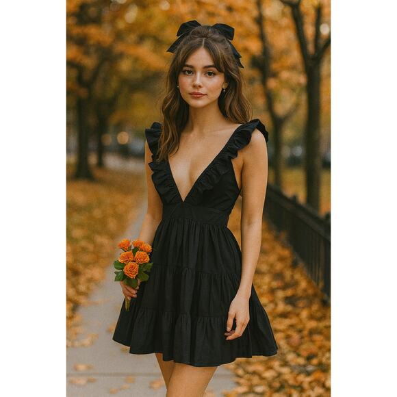 Abercrombie & Fitch Ruffle Flutter Sleeve Tiered Mini Dress Black Small - Picture 1 of 13